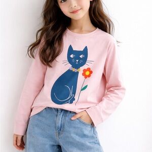 Hanna Andersson long-sleeve graphic tee shirt with a blue cat and flower graphic